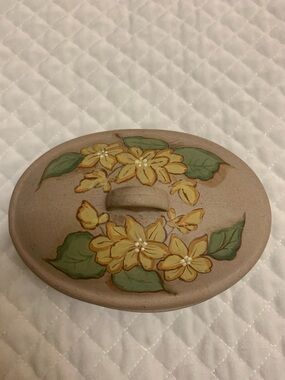 Vintage Earth Tones Handmade/Handpainted Flowery Pottery Trinket/Butter Bowl